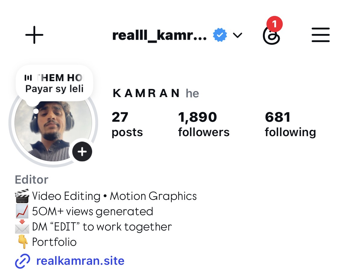 Full screenshot of Kamran's Instagram profile